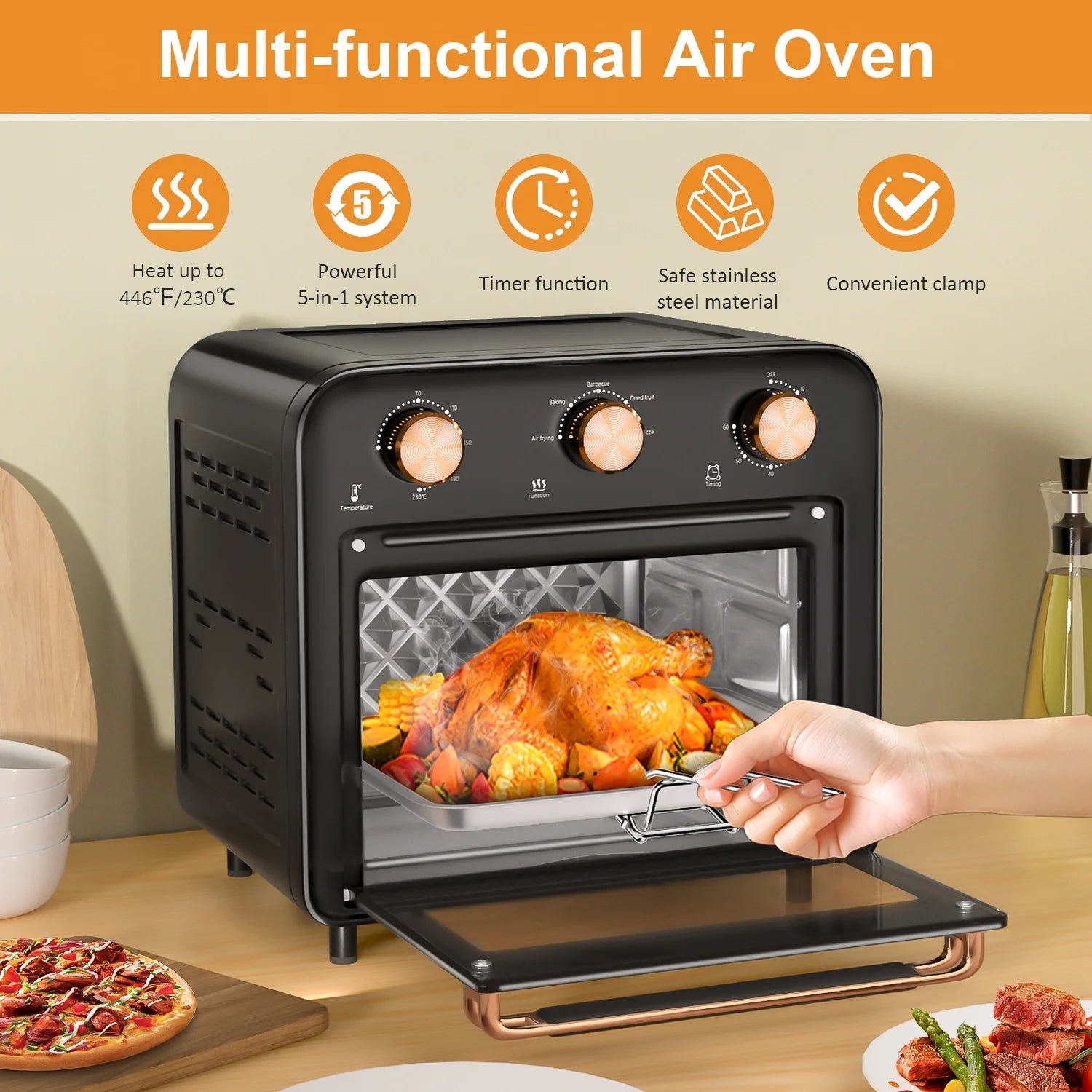5-In-1 Air Fryer Toaster Oven Countertop, 1300W 17 Quart, 4-Slice Convection Ovens Combo, Oil-Less Air Fry, Roast, Bake Broil Toast, Dried Fruit, Timer, Stainless Steel, PFA and Bpa-Free