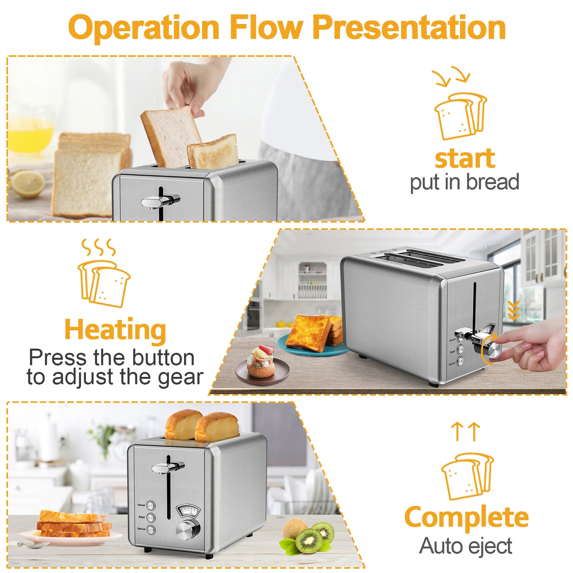 Stainless Steel Touchscreen Toaster - 2 Slice with Wide Slot, 6 Shade Settings & Bagel Function, Easy Clean Removable Crumb Tray