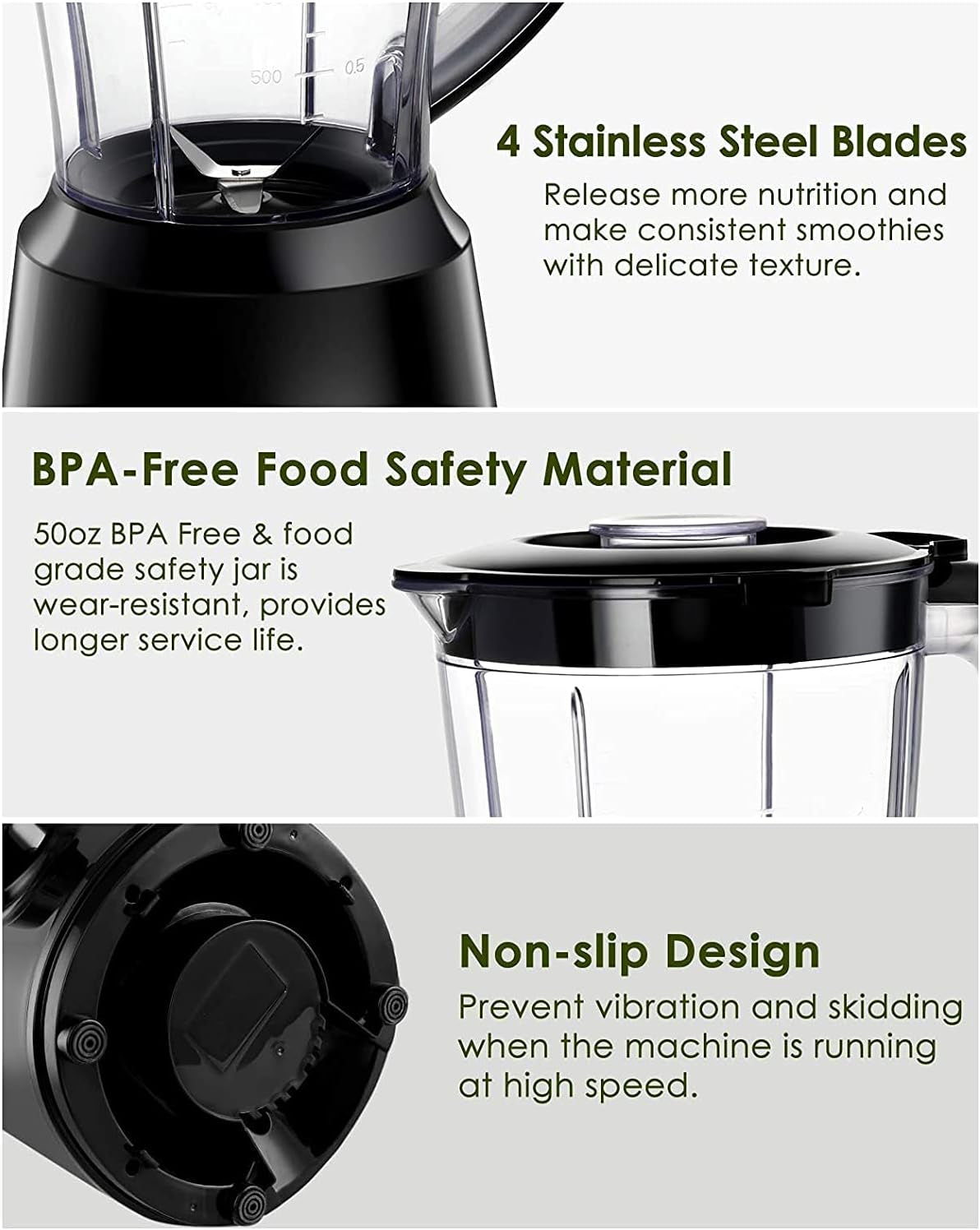 Powerful Smoothie Blender with 50Oz Jar - Perfect for Ice Crushing & Frozen Desserts, 2 Speeds & Pulse Function, BPA-Free, Sleek Black Design