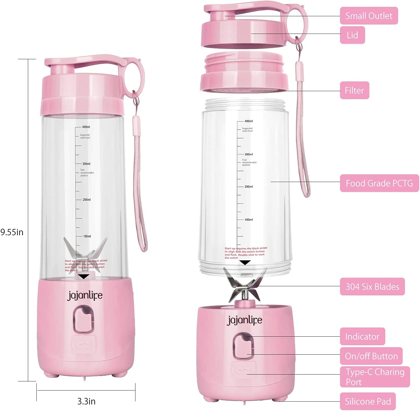 Compact Pink Portable Blender - Rechargeable 4000mAh Mini Travel Smoothie Maker with 3D Six Blades - Perfect for Home, Sports & Outdoor Use (13.5oz)