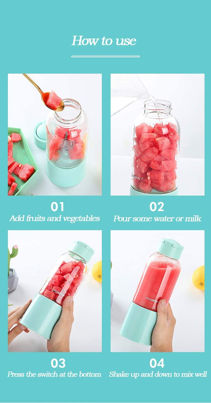 Portable Wireless Blender - 6 Blades USB Rechargeable Mini Juicer Cup for Smoothies & Shakes - 450ml Food Grade Borosilicate Glass with Handle