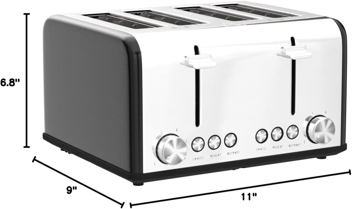 4-Slice Stainless Steel Toaster - Extra Wide Slots, 6 Shade Settings, Bagel & Defrost Functions, 1650W, Sleek Black Design