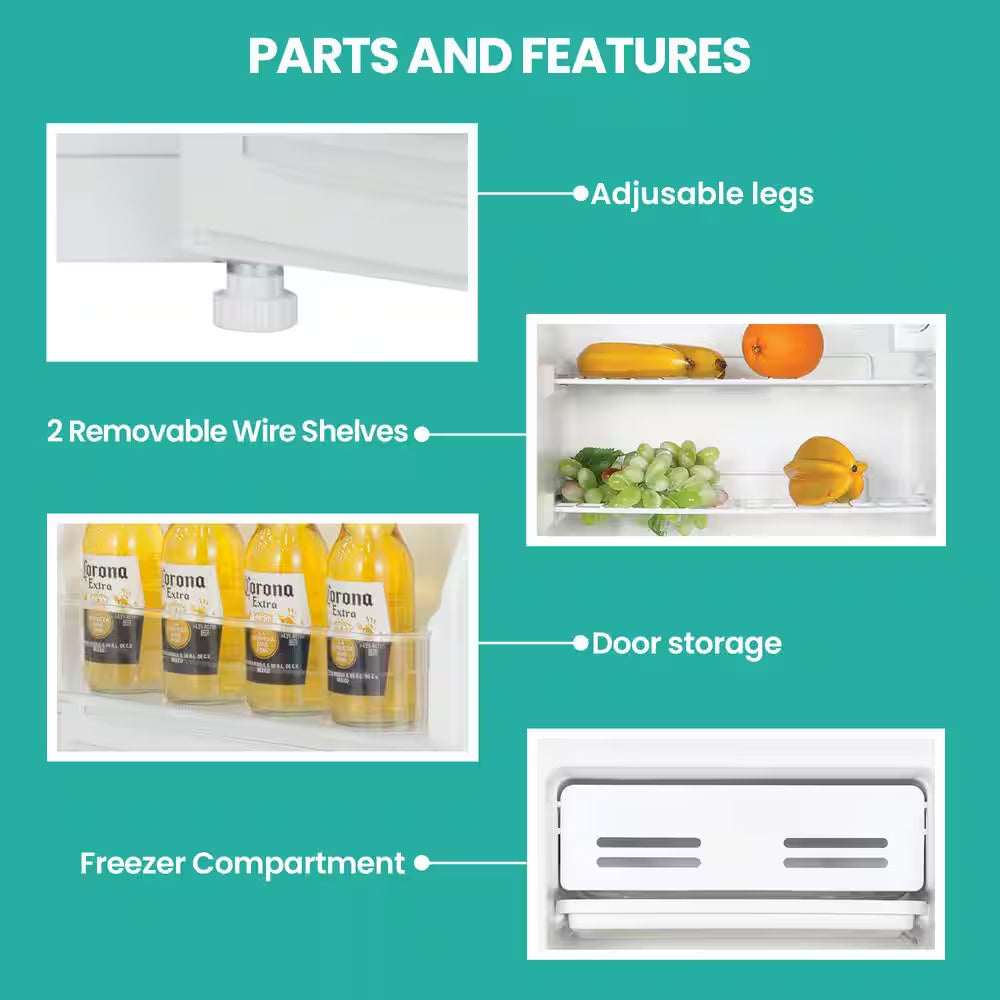 Compact Fridge with Freezer, 3.2 Cu. Ft.. (91L), White, Space-Saving Flat Back, Reversible Door