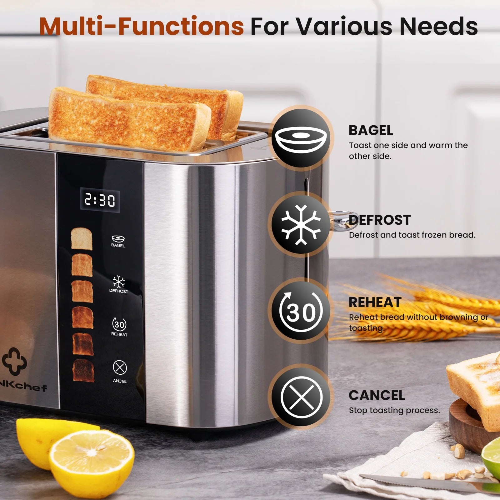 2-Slice Stainless Steel Toaster with Extra-Wide 1.5" Slots and Touch Screen Control – Perfect for Bagels, Defrosting, and Reheating!