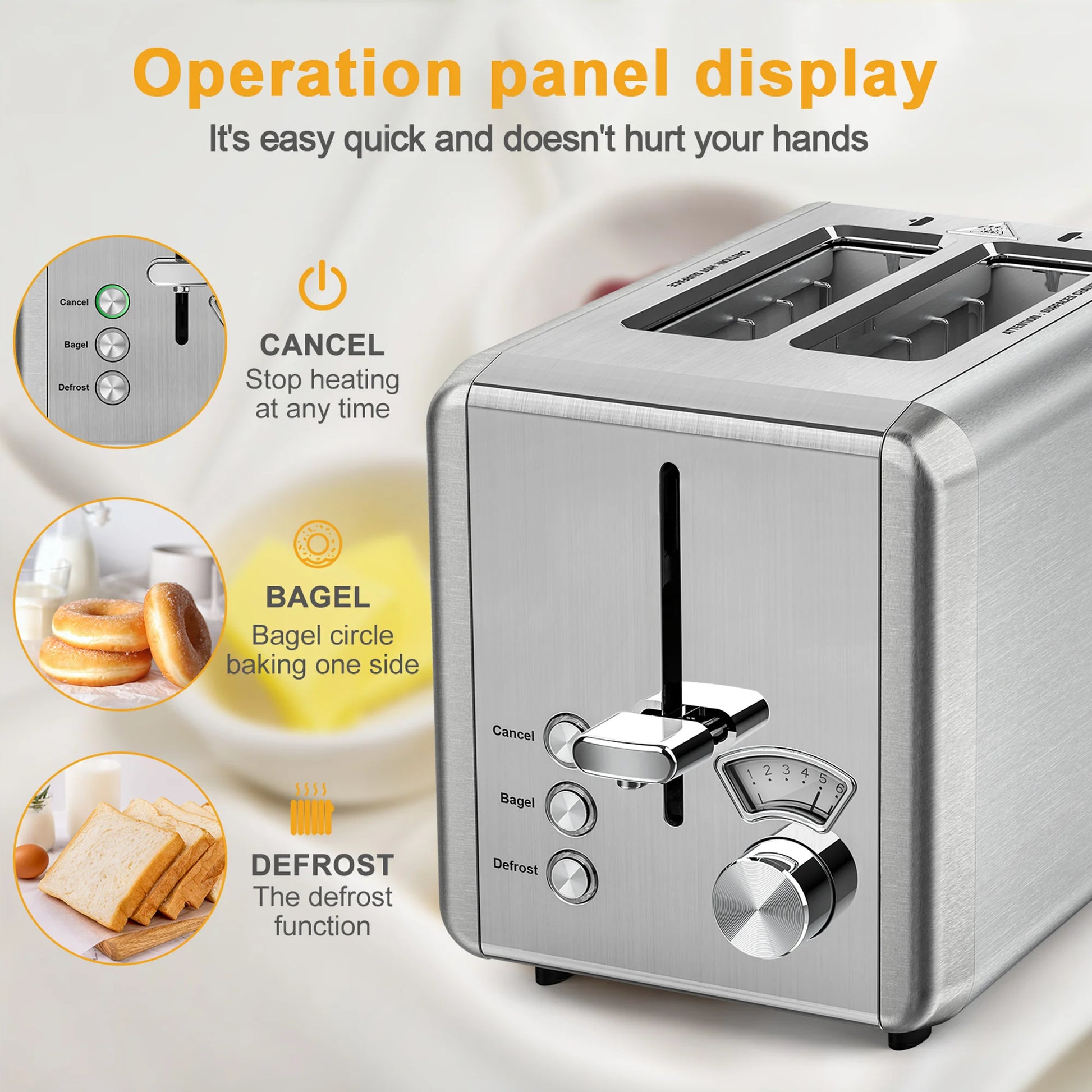 Stainless Steel Touchscreen Toaster - 2 Slice with Wide Slot, 6 Shade Settings & Bagel Function, Easy Clean Removable Crumb Tray