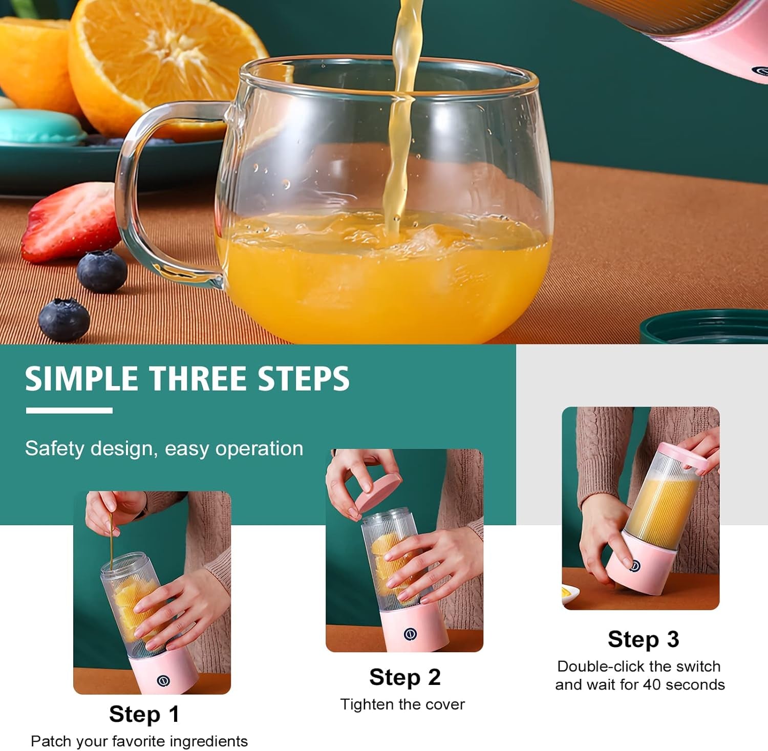 Pink Portable Blender - USB Rechargeable Smoothie Maker with 6 Blades, Perfect for Home, Travel, and Office – 11.8 Oz Personal Juicer Cup for Smoothies and Shakes