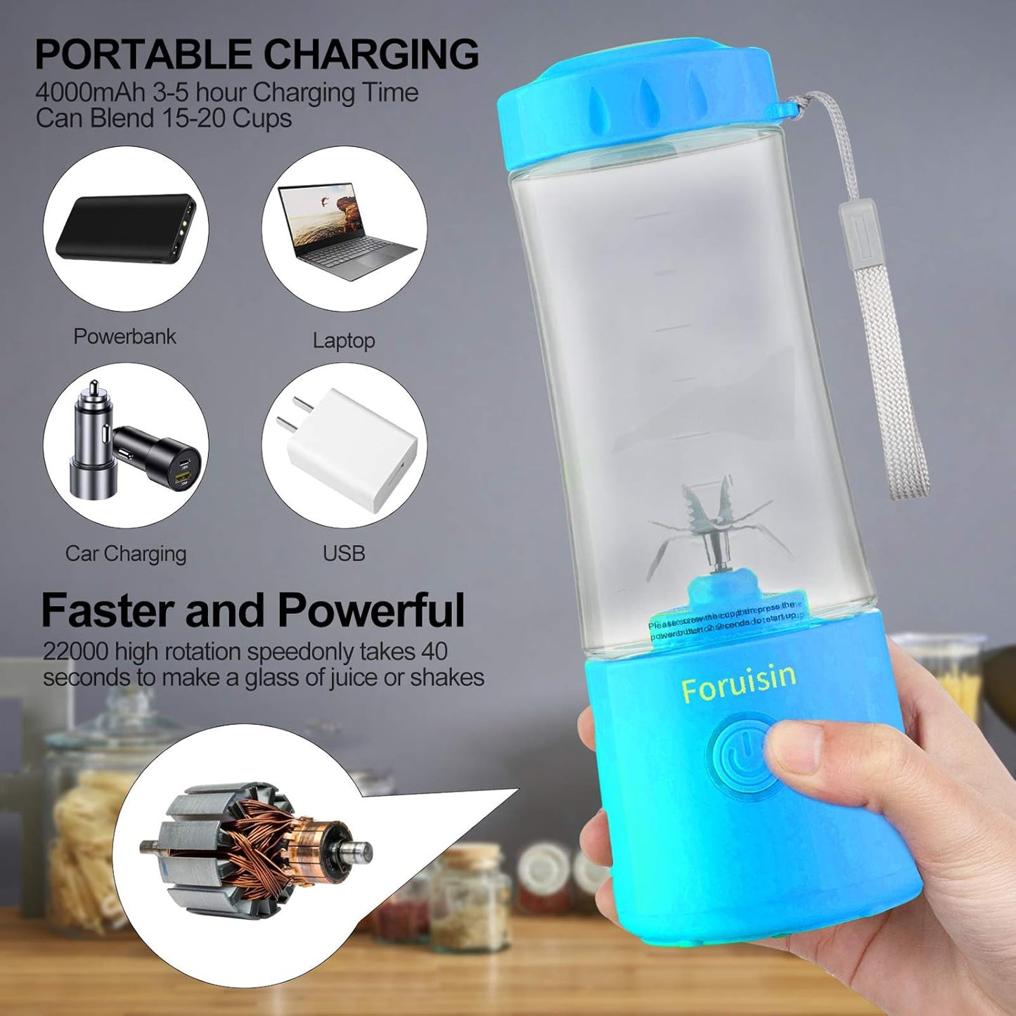 14 OZ Portable Blender - USB Rechargeable Personal Smoothie Maker with Six Blades - Perfect for Baby Milkshakes - Stylish Blue Design