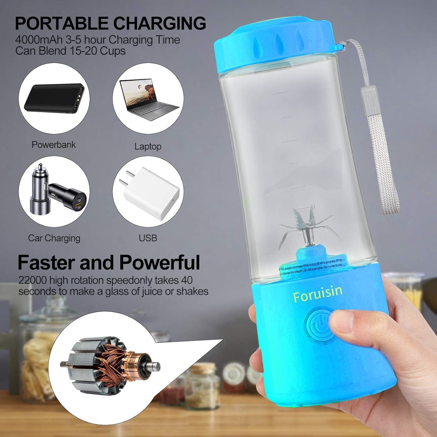 14 OZ Portable Blender - USB Rechargeable Personal Smoothie Maker with Six Blades - Perfect for Baby Milkshakes - Stylish Blue Design