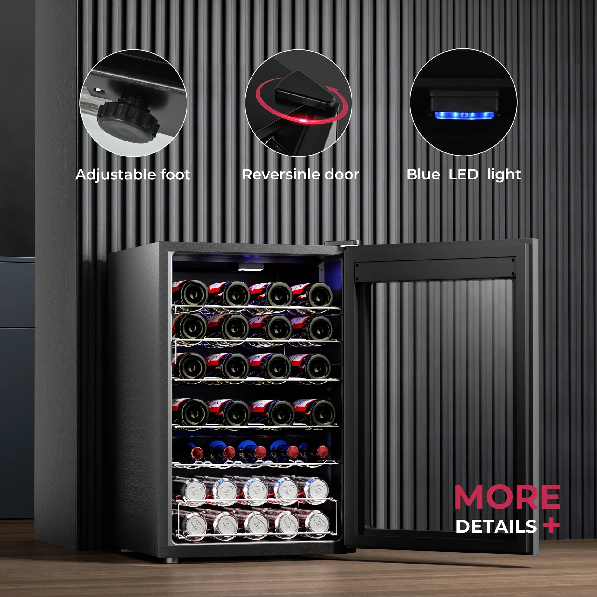 44-Bottle Wine Cooler - Stylish Mini Fridge with Glass Door & Adjustable Temperature for Wines, Beers, and Drinks - Blue LED Interior Lighting