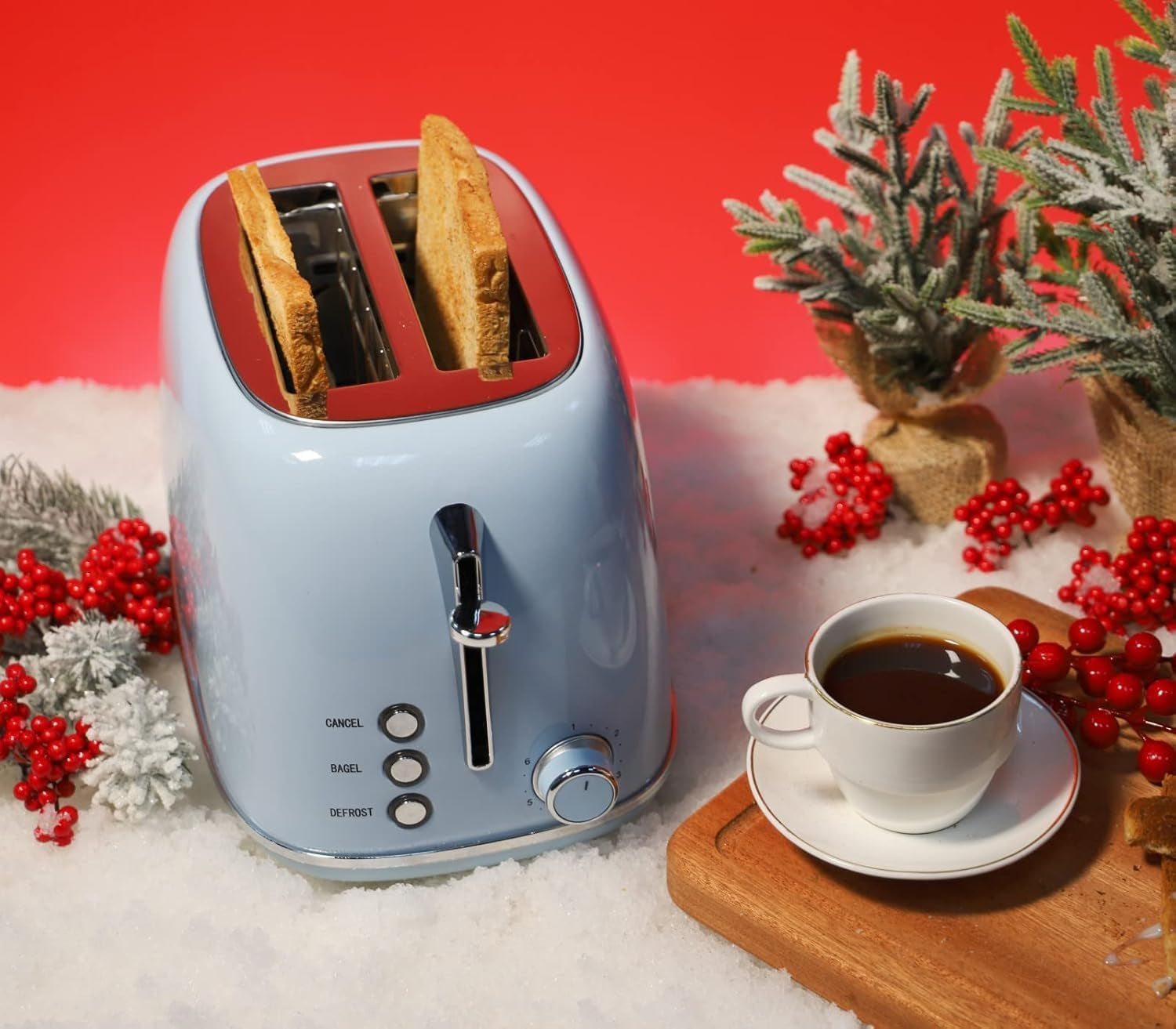 Compact 2-Slice Toaster with 6 Browning Settings, Stainless Steel Housing, Bagel & Defrost Functions, Removable Crumb Tray - Stylish Blue Design