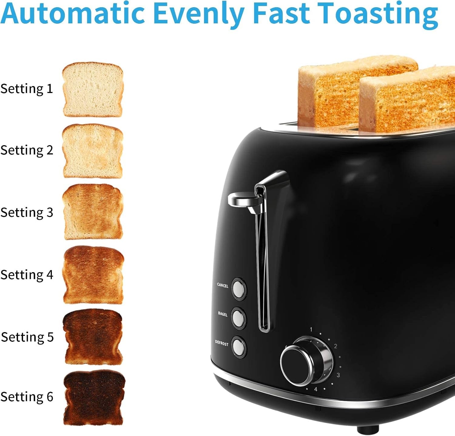 2 Slice Toaster,  Extra Wide Slot Toaster, Retro Bagel Toaster with 6 Bread Shade Settings, Defrost/Bagel/Cancel Function, Removable Crumb Tray, Stainless Steel Toaster, Black