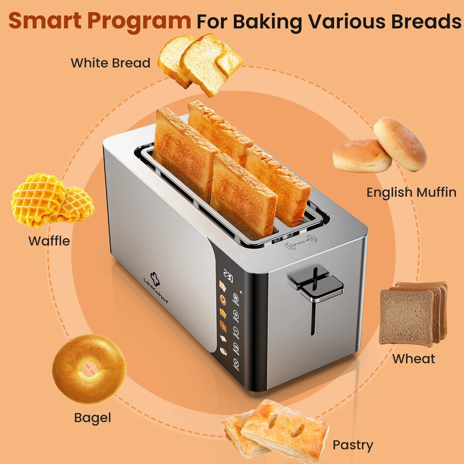 Smart 4-Slice Toaster – Touch Screen Control, Extra-Wide Slots, Stainless Steel with Timer, Defrost & Reheat Functions