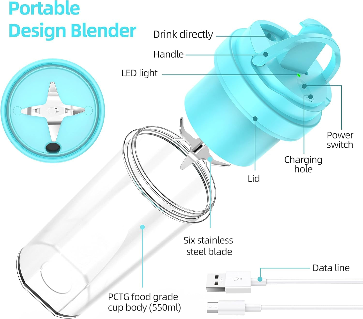 Portable USB Rechargeable Mini Blender - 19Oz Fruit & Smoothie Maker with Six Blades for Travel & Gym (Green)