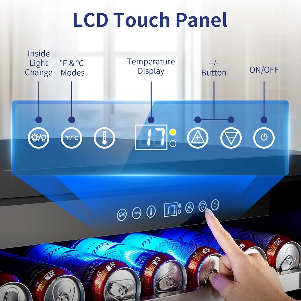 24" Beverage Refrigerator - 180 Can Capacity, Built-In & Freestanding, Touch Screen Control, Dual Layer Glass Door, Removable Shelves & Safety Lock for Beer, Soda & Water