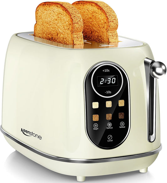 Retro Smart Touch Screen Toaster - 2 Slice Stainless Steel with 6 Browning Levels, Reheat & Defrost, Perfect for Bagels and Bread, Easy Clean Removable Crumb Tray - Beige