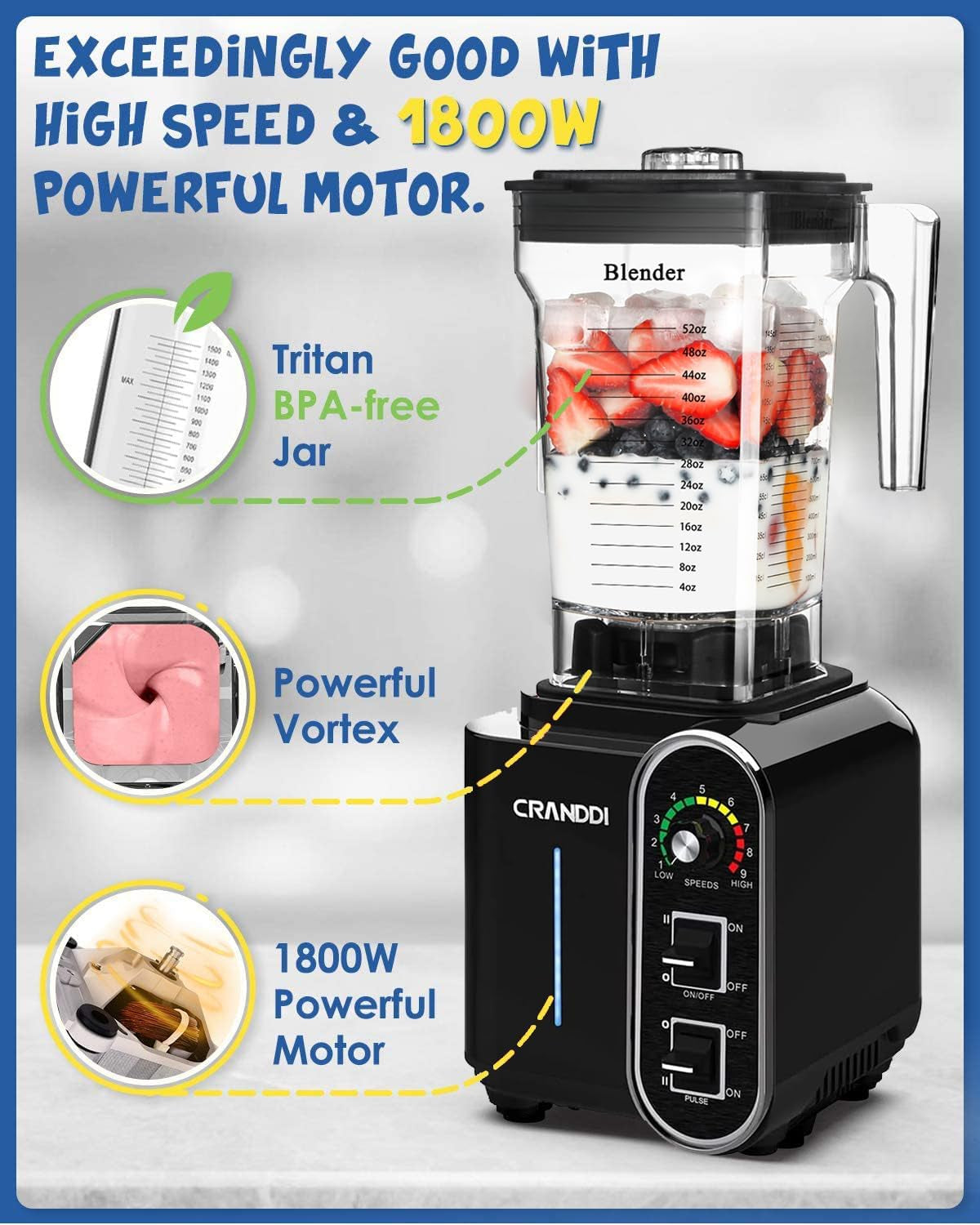 1800W High-Speed Power Blender - 52Oz Countertop Blender for Smoothies & Shakes, Easy to Clean, K98C, Sleek Black Design
