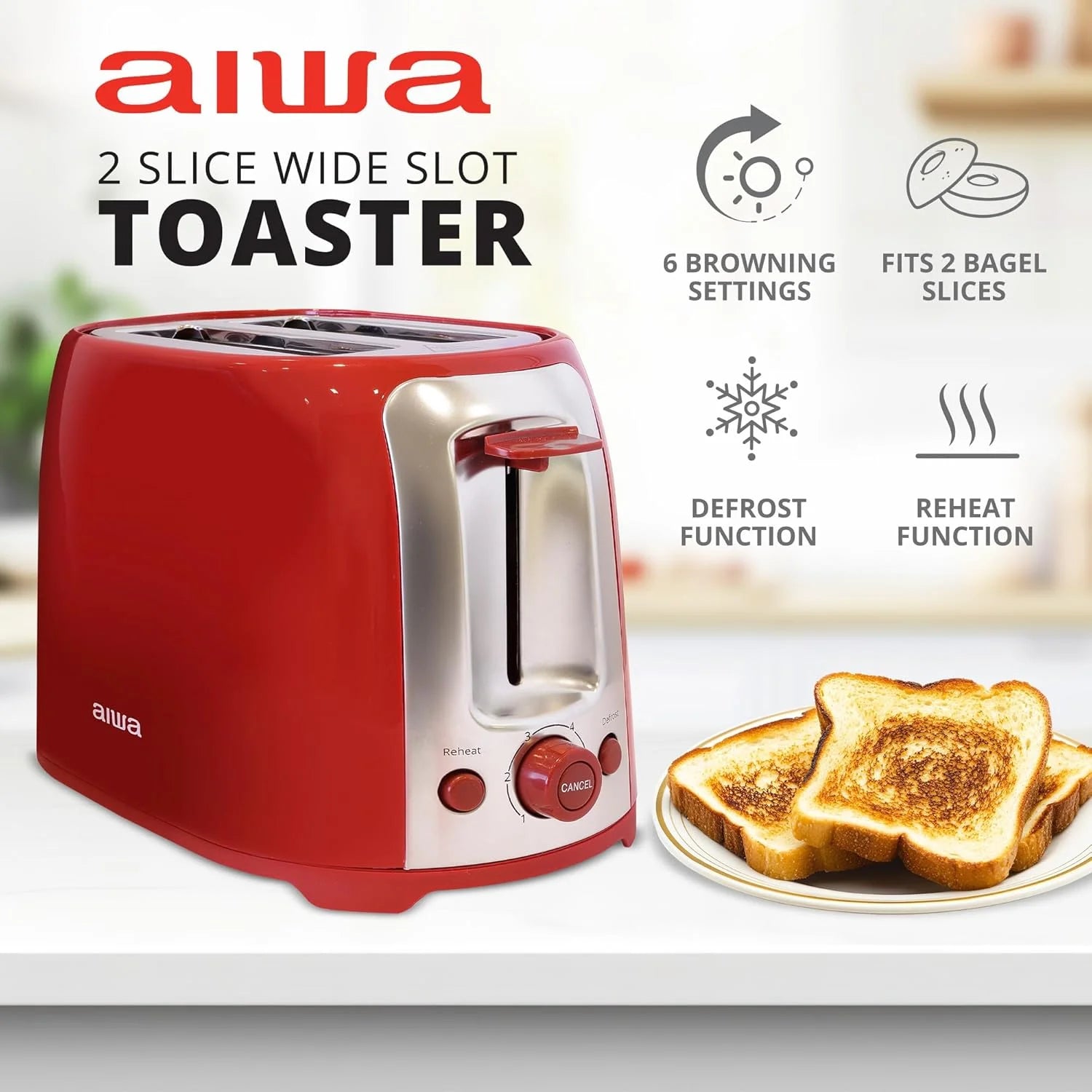 2-Slice Toaster with Wide Slots, 6 Browning Settings, and Crumb Tray, Red