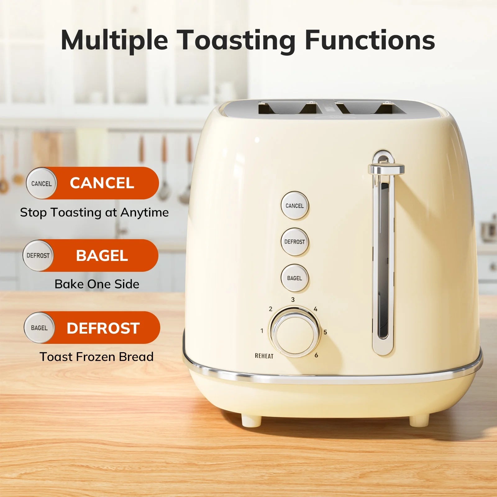 Retro 2 Slice Stainless Steel Toaster for Bread Toast, Revolution Wide Slots, Beige