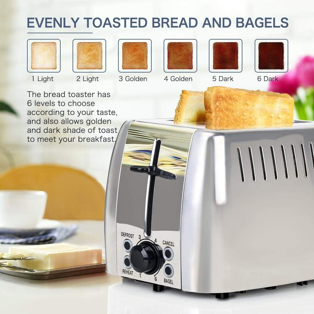 Stainless Steel 2-Slice Toaster with Extra Wide Slots - 6 Browning Settings & Multi-Function for Perfect Toasting of Bread, Bagels, and Waffles - 750W, Silver