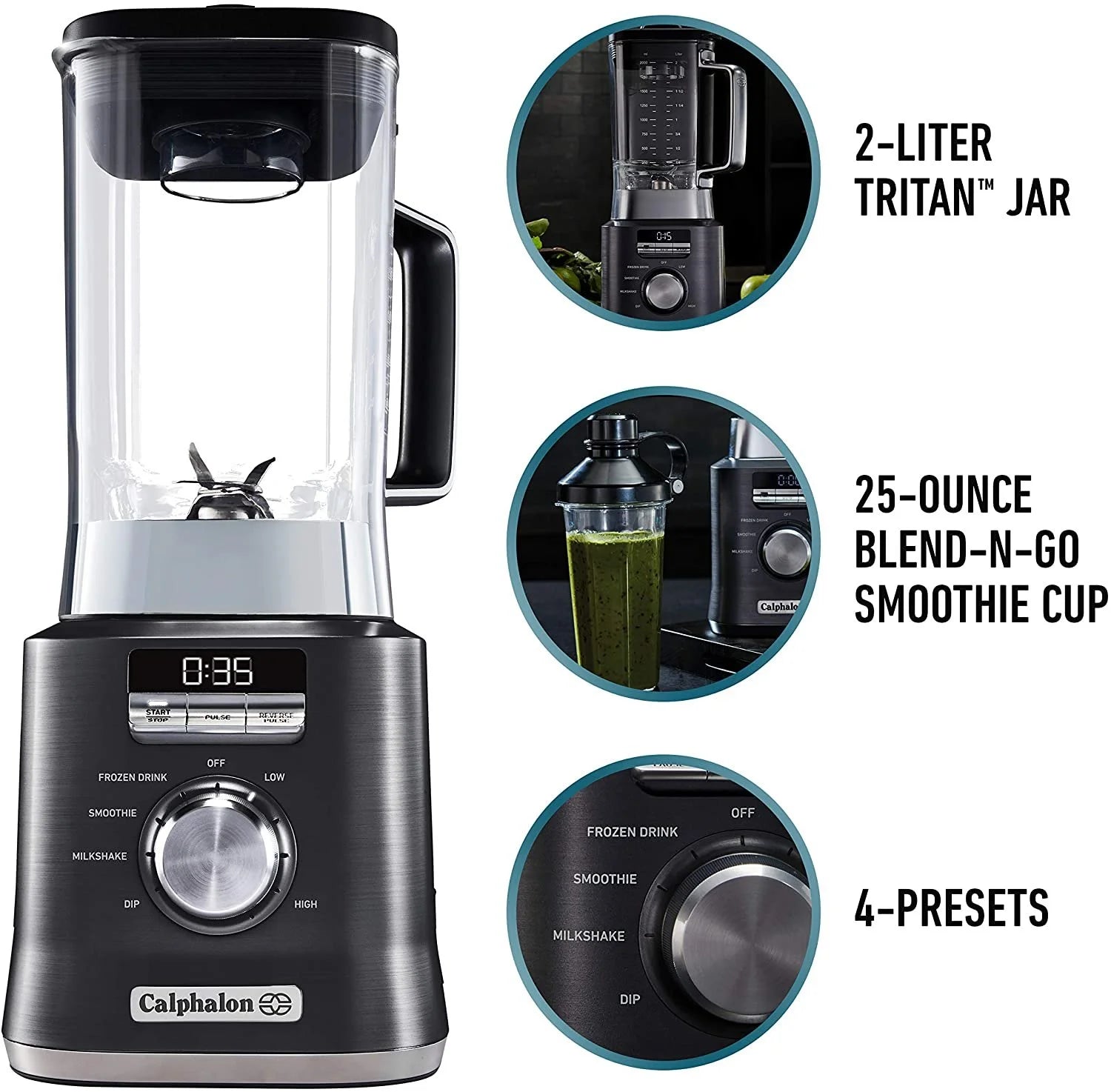 Auto-Speed 2-Liter Blender with Blend-N-Go Smoothie Cup - Sleek Dark Stainless Steel Design