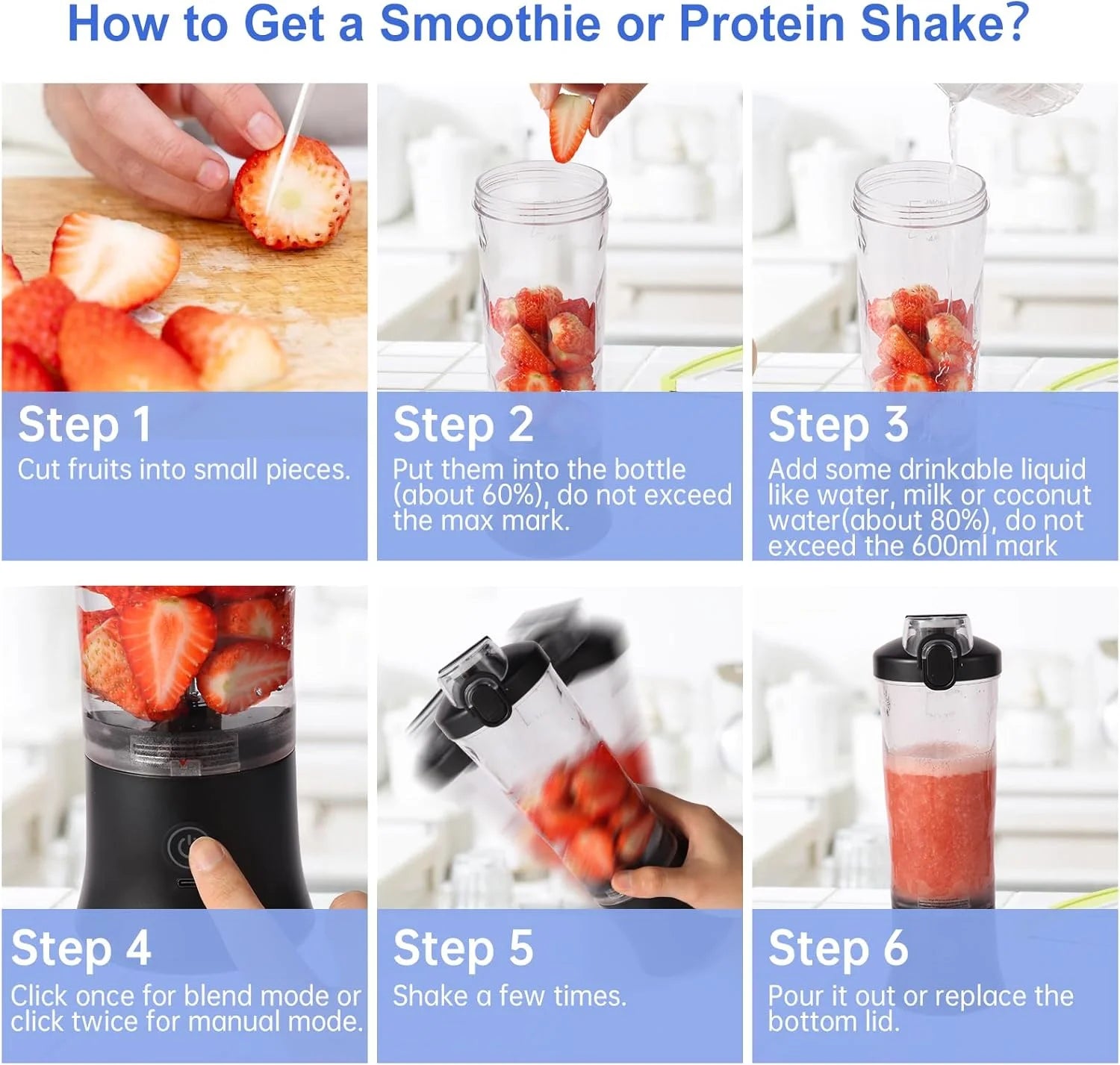 Portable Blender - Rechargeable 20Oz Shaker Bottle for Smoothies and Shakes, Perfect for On-the-Go!