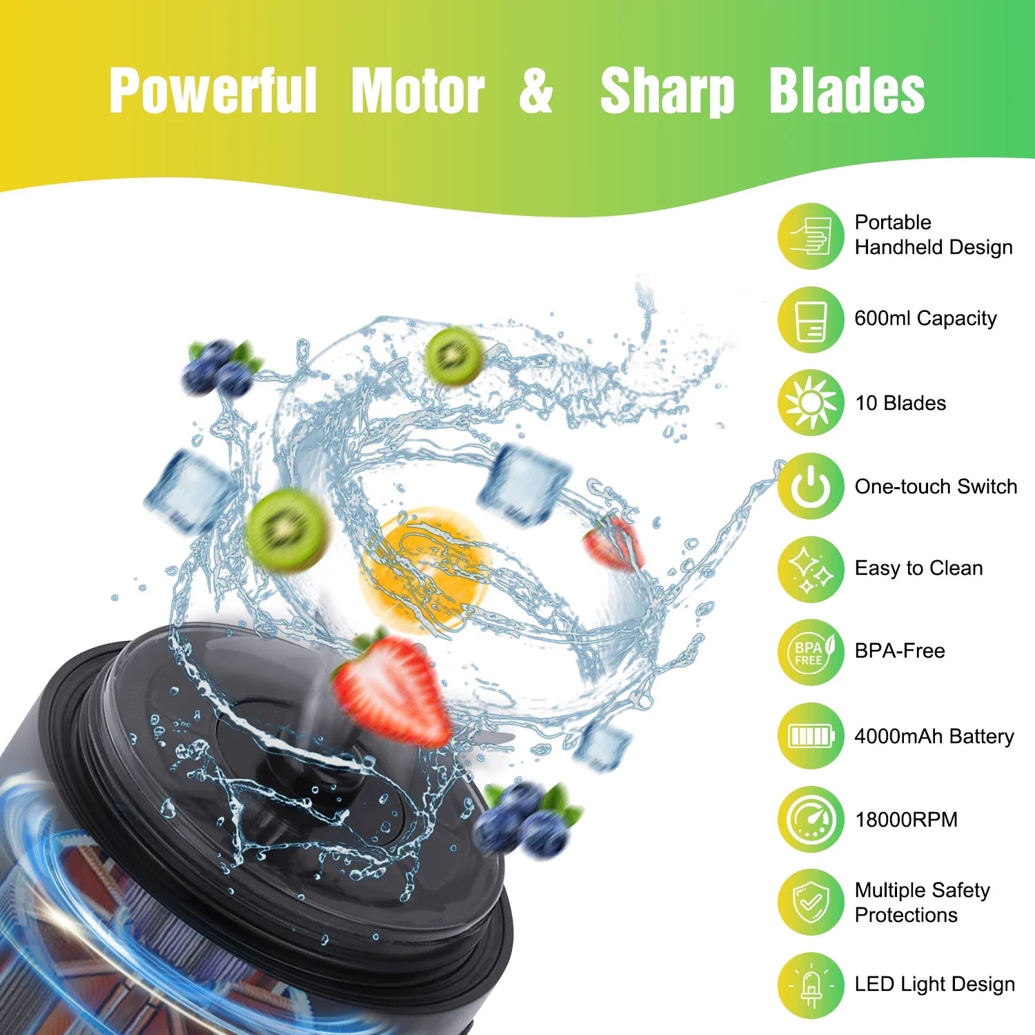 Portable Blender - 21 Oz Travel Cup, 10 Blades, USB Rechargeable Mini Blender for Shakes & Smoothies - Perfect for Gym, Home & Outdoors - Sleek Black Design