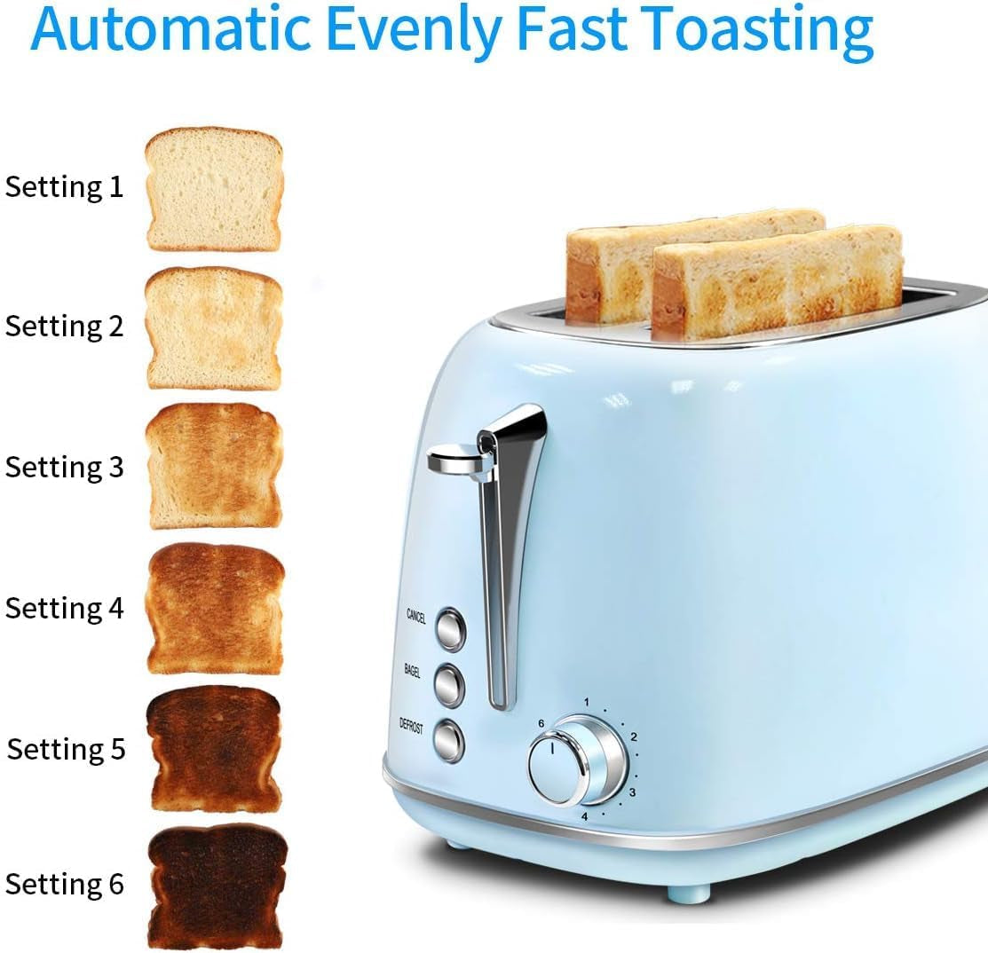 Compact 2-Slice Toaster with 6 Browning Settings, Stainless Steel Housing, Bagel & Defrost Functions, Removable Crumb Tray - Stylish Blue Design