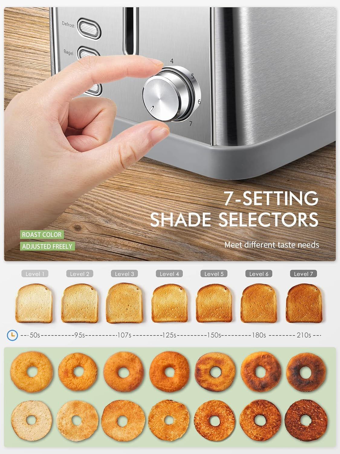 Retro 2-Slice Bagel Toaster with Extra Wide Slots, 7 Shade Settings & Removable Crumb Tray - Stylish Stainless Steel Design