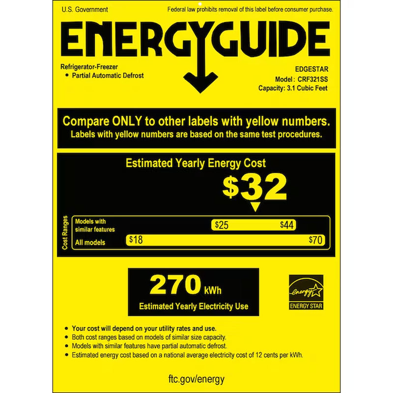 3.1-Cu Ft Mini Fridge with Freezer ( Stainless Steel ) Garage Ready ENERGY STAR