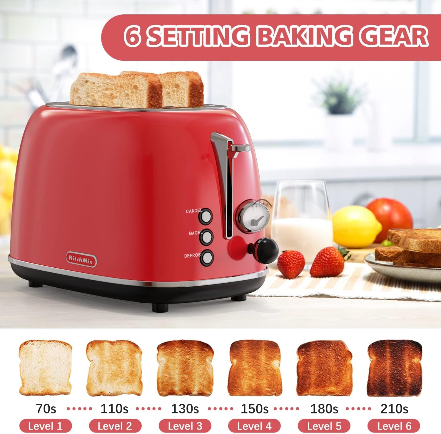 Retro Red 2-Slice Stainless Steel Toaster with 6 Settings, Extra Wide Slots, and Removable Crumb Tray