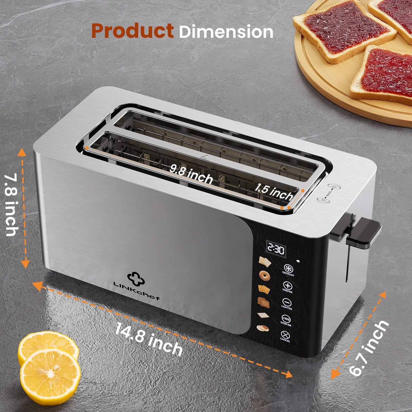 Smart 4-Slice Toaster – Touch Screen Control, Extra-Wide Slots, Stainless Steel with Timer, Defrost & Reheat Functions