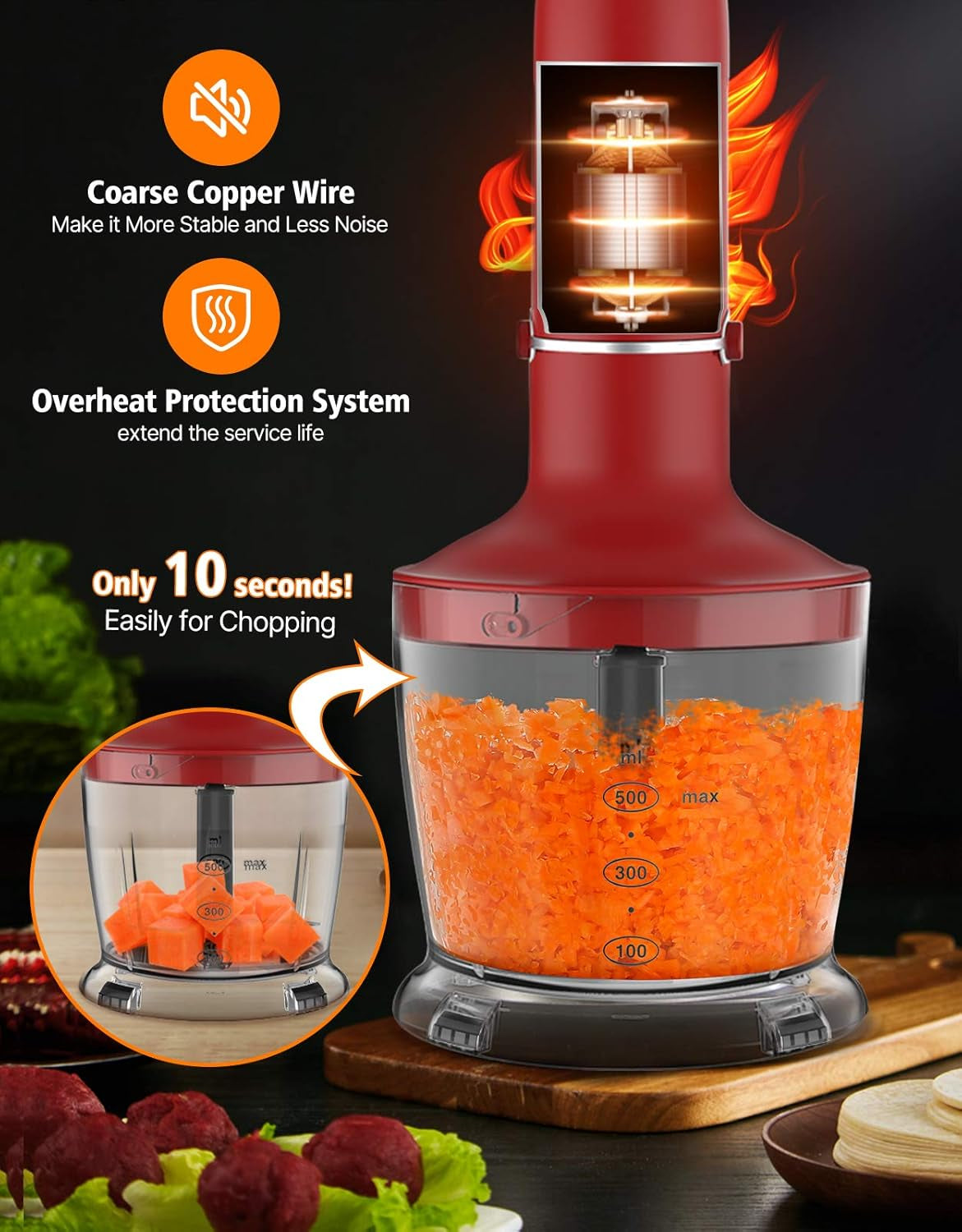 Powerful 800W Immersion Hand Blender - 4-in-1 Food Processor with Titanium Steel Blades for Smoothies, Whisking, Chopping, Soups, Juicing & Ice Crushing (Red)