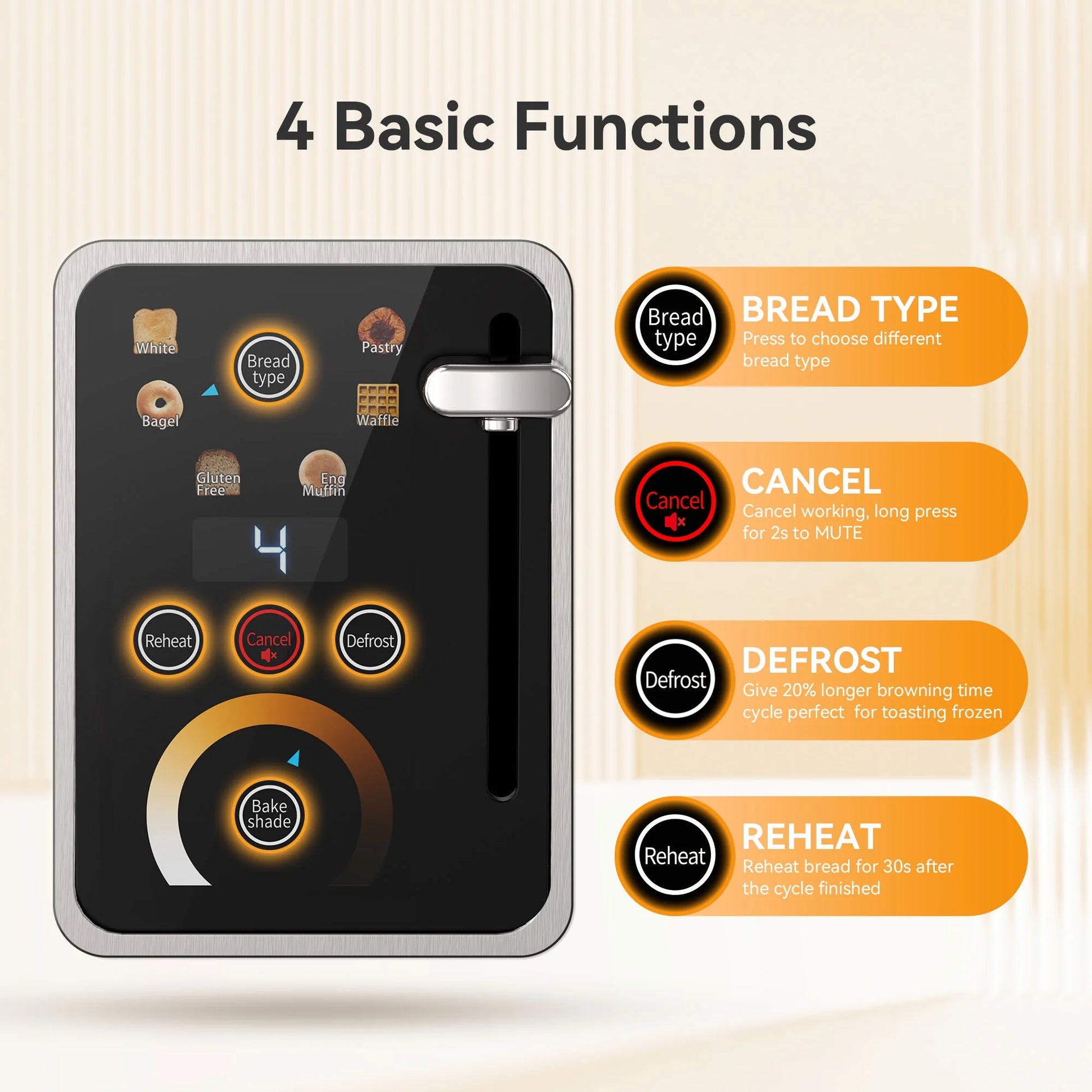 Touchscreen 2-Slice Stainless Steel Toaster with Wide Slots - Perfect for Bagels & Defrosting, 850W Power