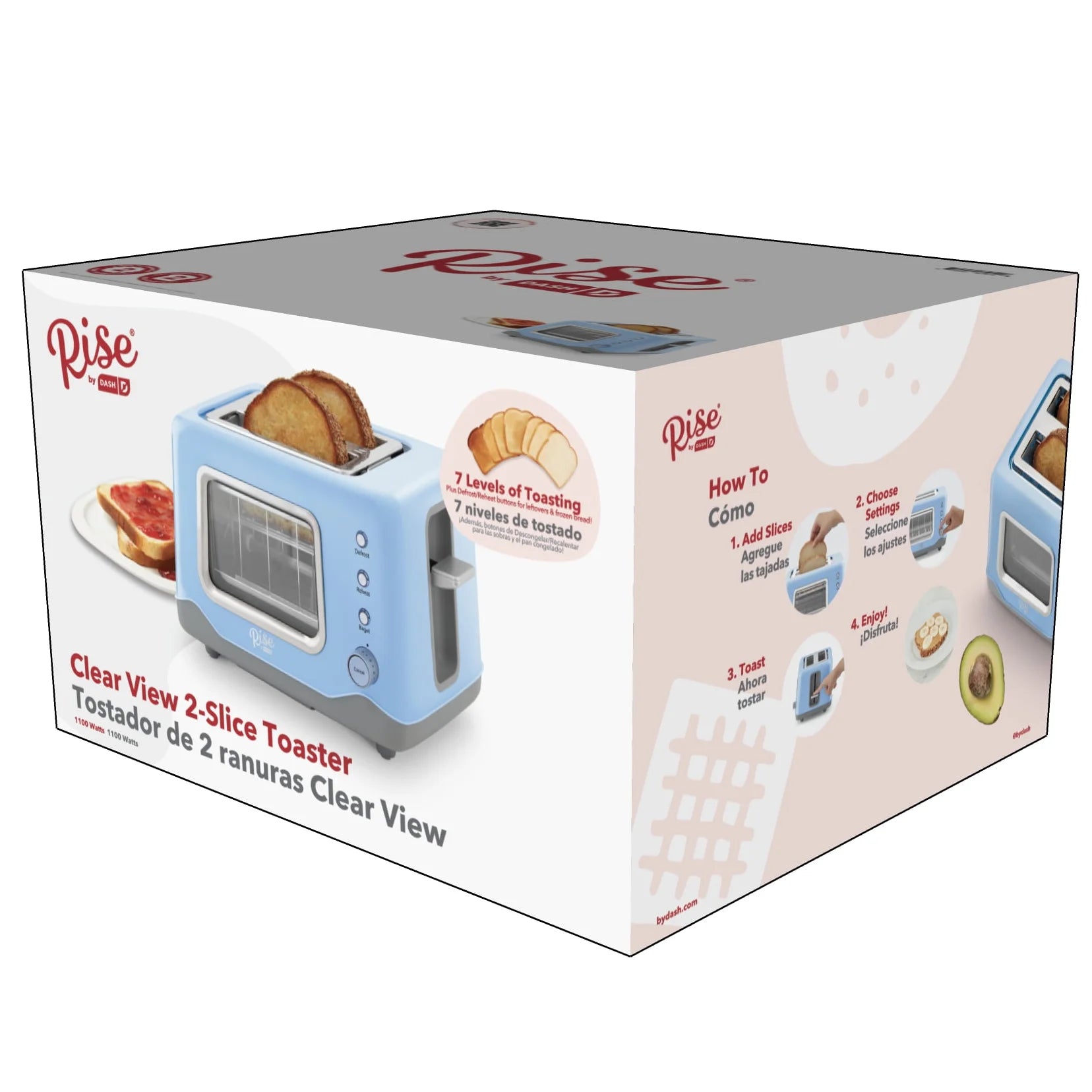 Dash Rise Clear View 2-Slice Toaster in Blue - Defrost, Reheat, Bagel Settings & Auto Shut Off