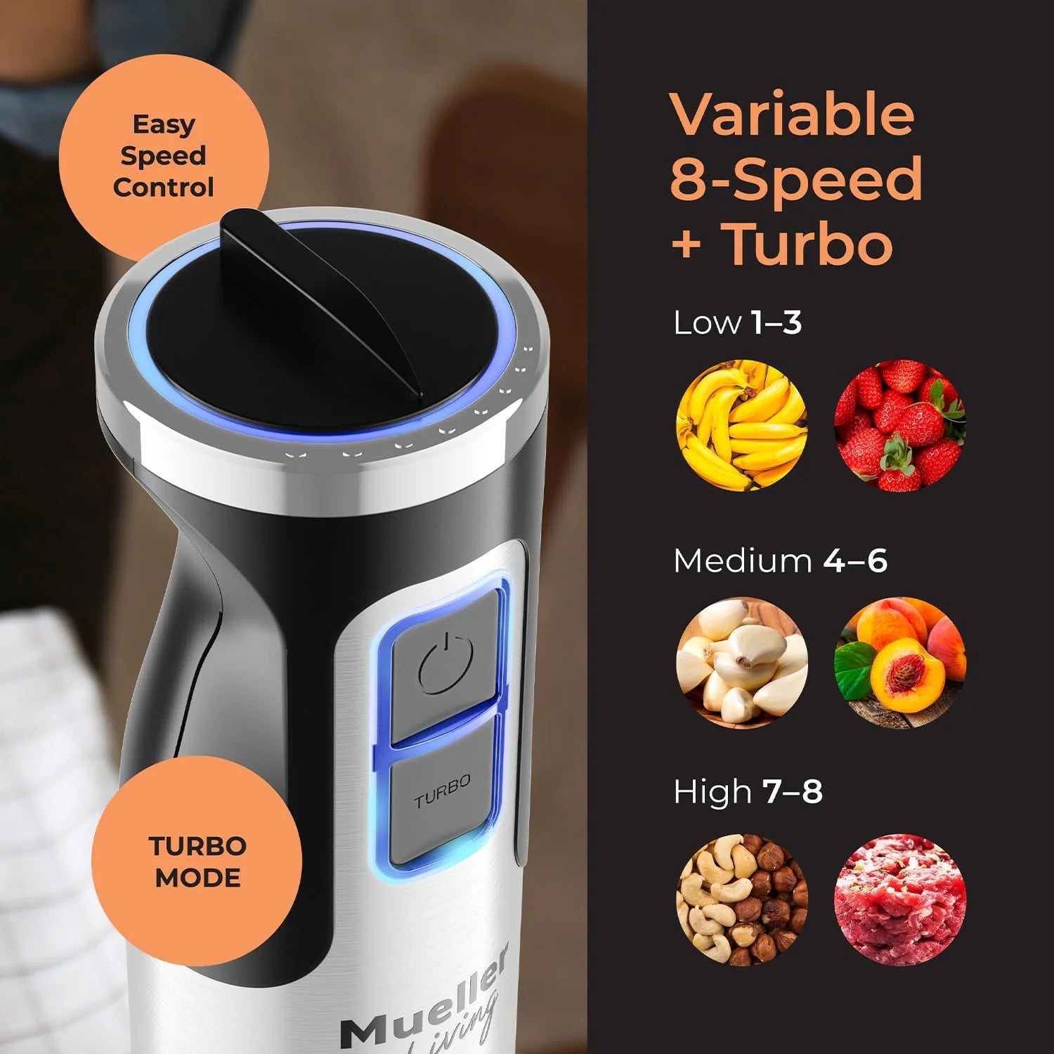 living 8-Speed Immersion Hand Blender - Powerful Stainless Steel Handheld Mixer with Turbo Mode