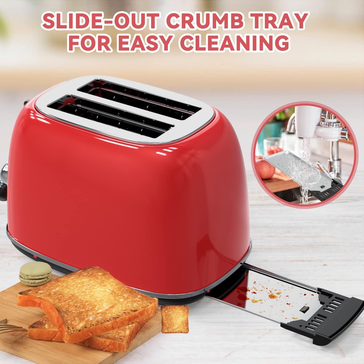 Retro Red 2-Slice Stainless Steel Toaster with 6 Settings, Extra Wide Slots, and Removable Crumb Tray
