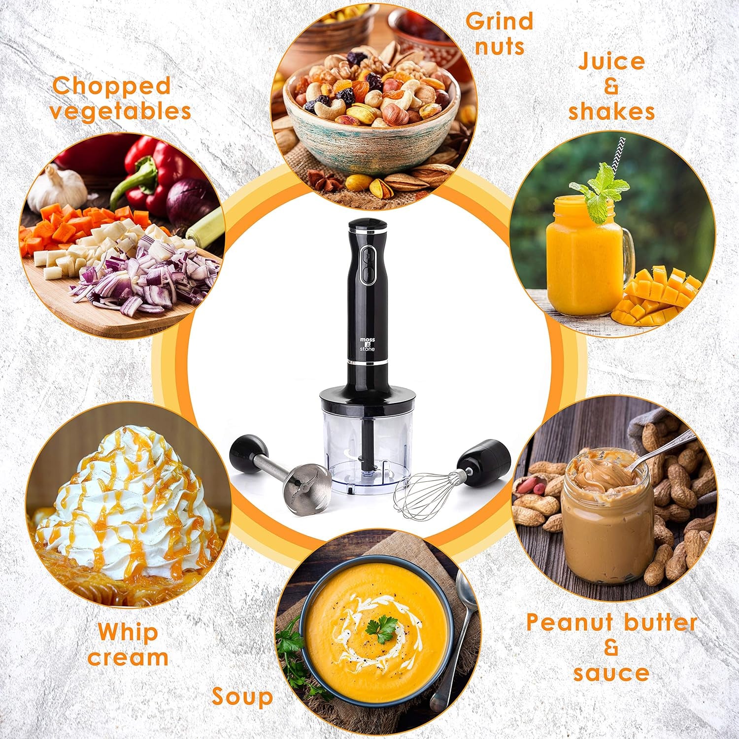 300W Hand Blender Set - Powerful Immersion Mixer with Egg Whisk & Chopper, Ergonomic Black Design, Stainless Steel Blades