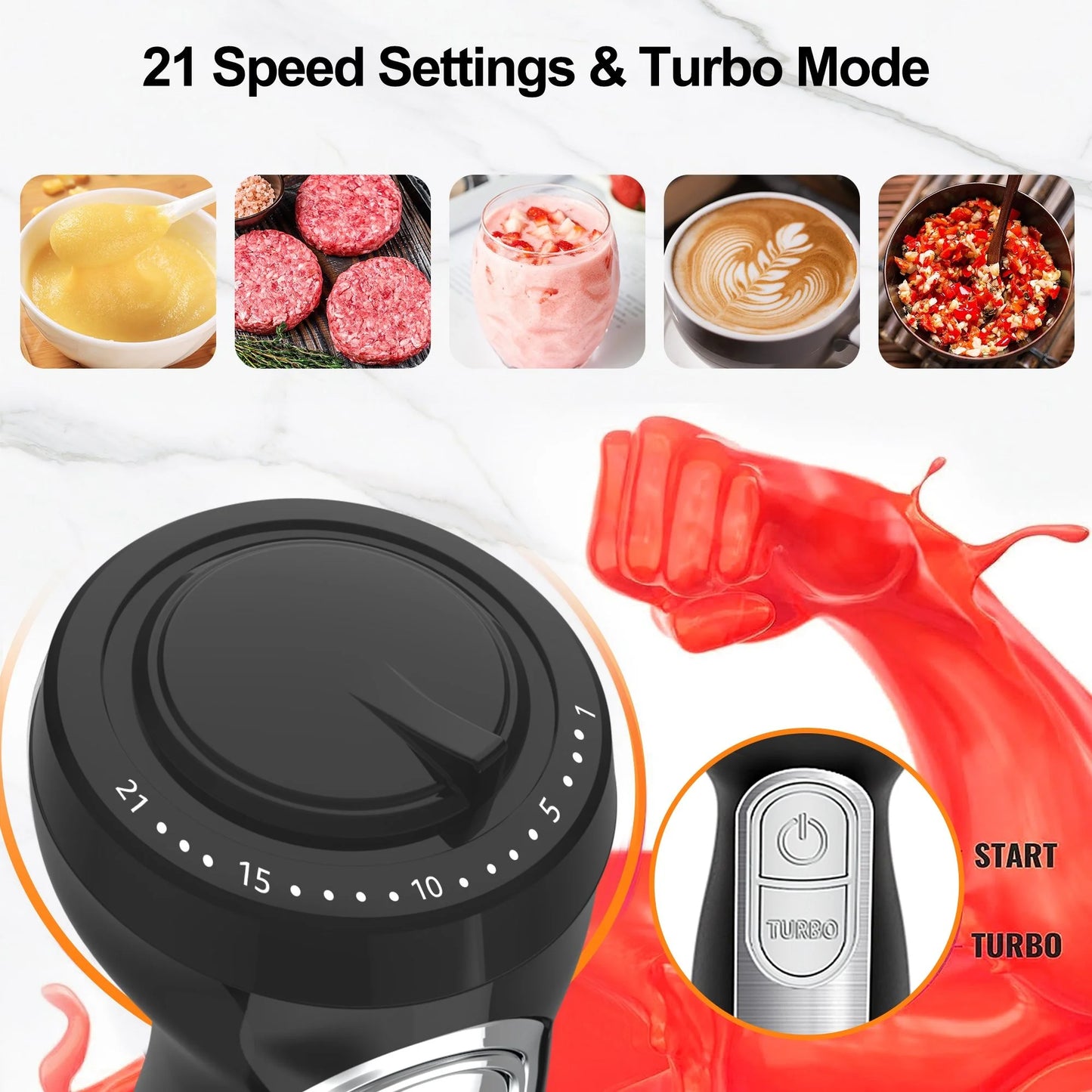 1100W 21-Speed Immersion Blender with Turbo Mode - Versatile 5-in-1 Hand Blender for Smoothies, Baby Food, Soups, and Purees - Sleek Black Design