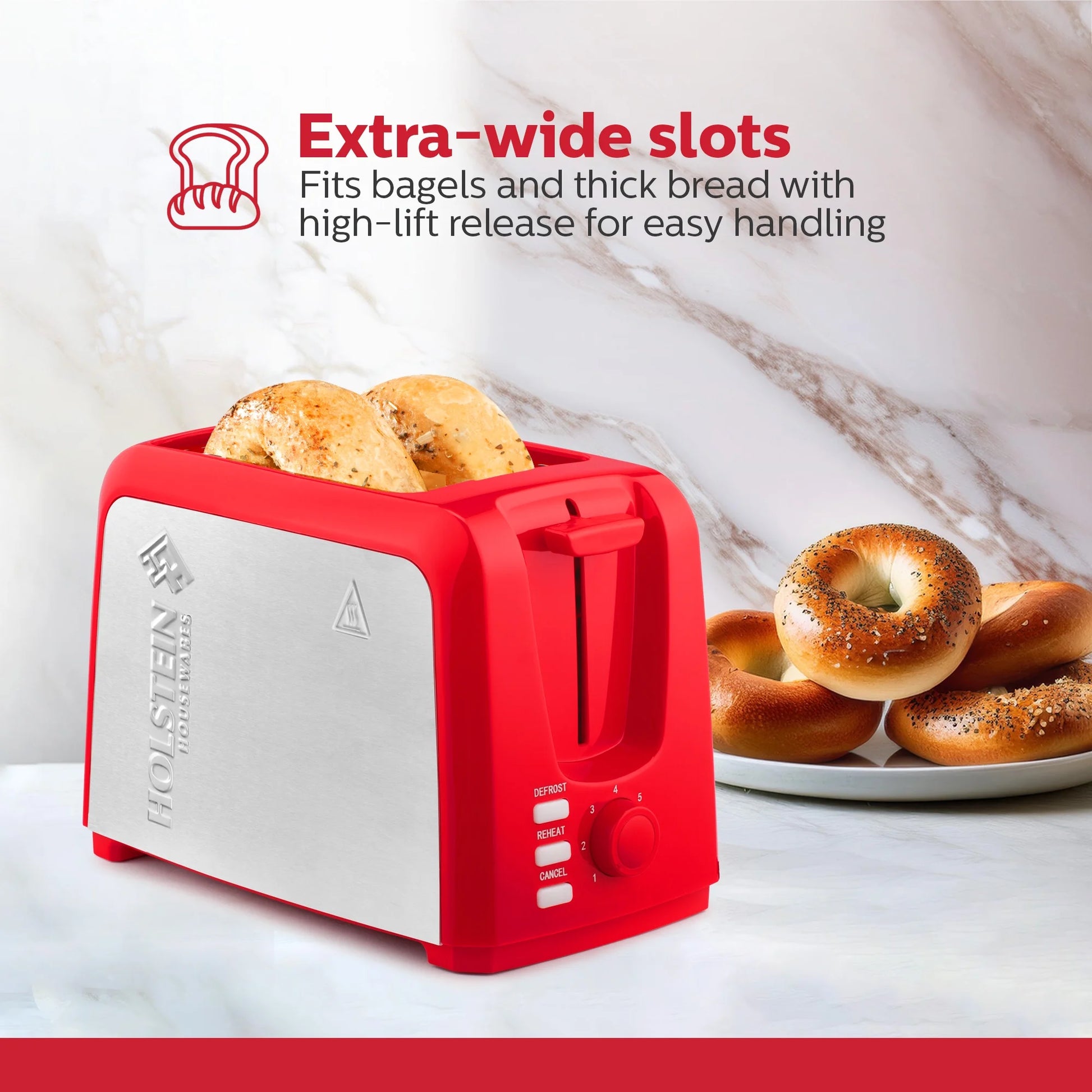 Stylish Red 2-Slice Toaster with Defrost & Reheat Functions