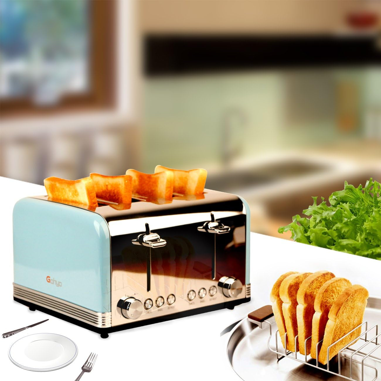 4-Slice Stainless Steel Toaster with Wide Slots & Removable Crumb Tray - Perfect for Bread & Bagels (Blue)