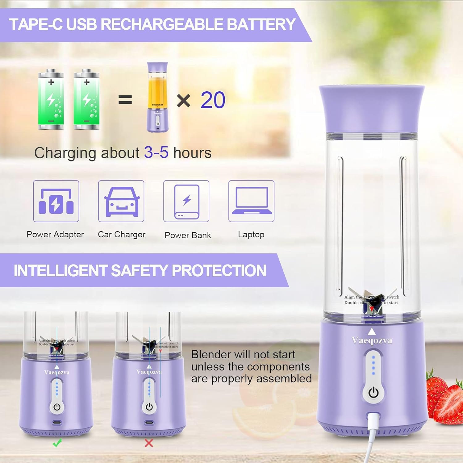 17 Oz Waterproof Portable Blender - USB Rechargeable Mini Juicer for Smoothies and Shakes, Perfect for Travel, Home, Sports, and Outdoors - Stylish Purple Design