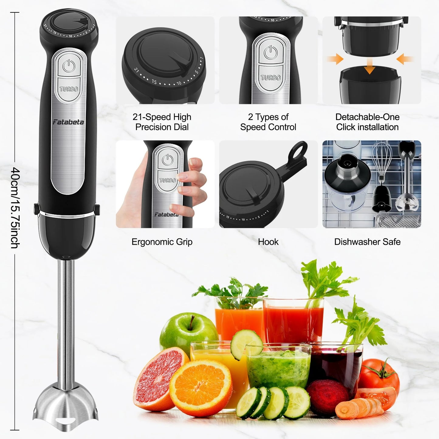 1100W 21-Speed Immersion Blender with Turbo Mode - Versatile 5-in-1 Hand Blender for Smoothies, Baby Food, Soups, and Purees - Sleek Black Design