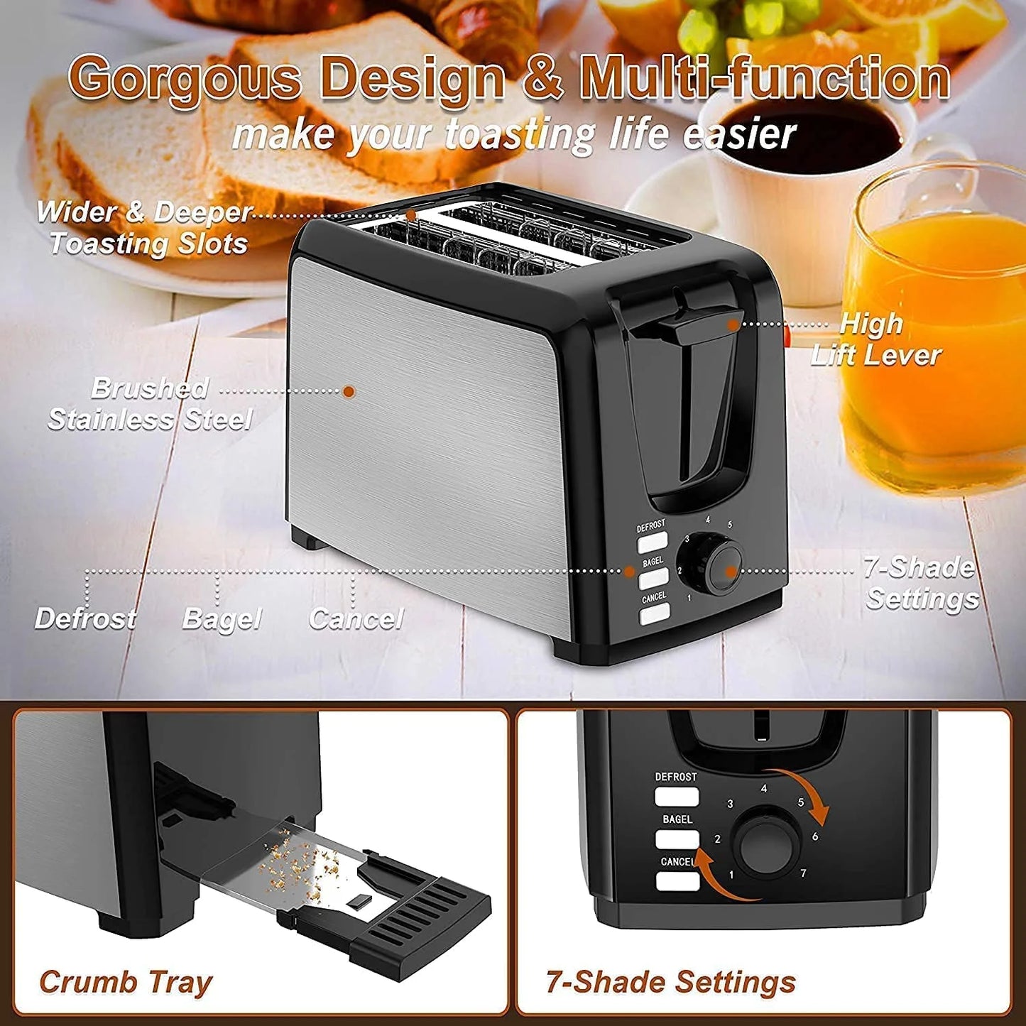 Toaster 2 Slice with 2 Wide Slots 7 Shade Settings and Removable Crumb Tray Black Bread Toaster