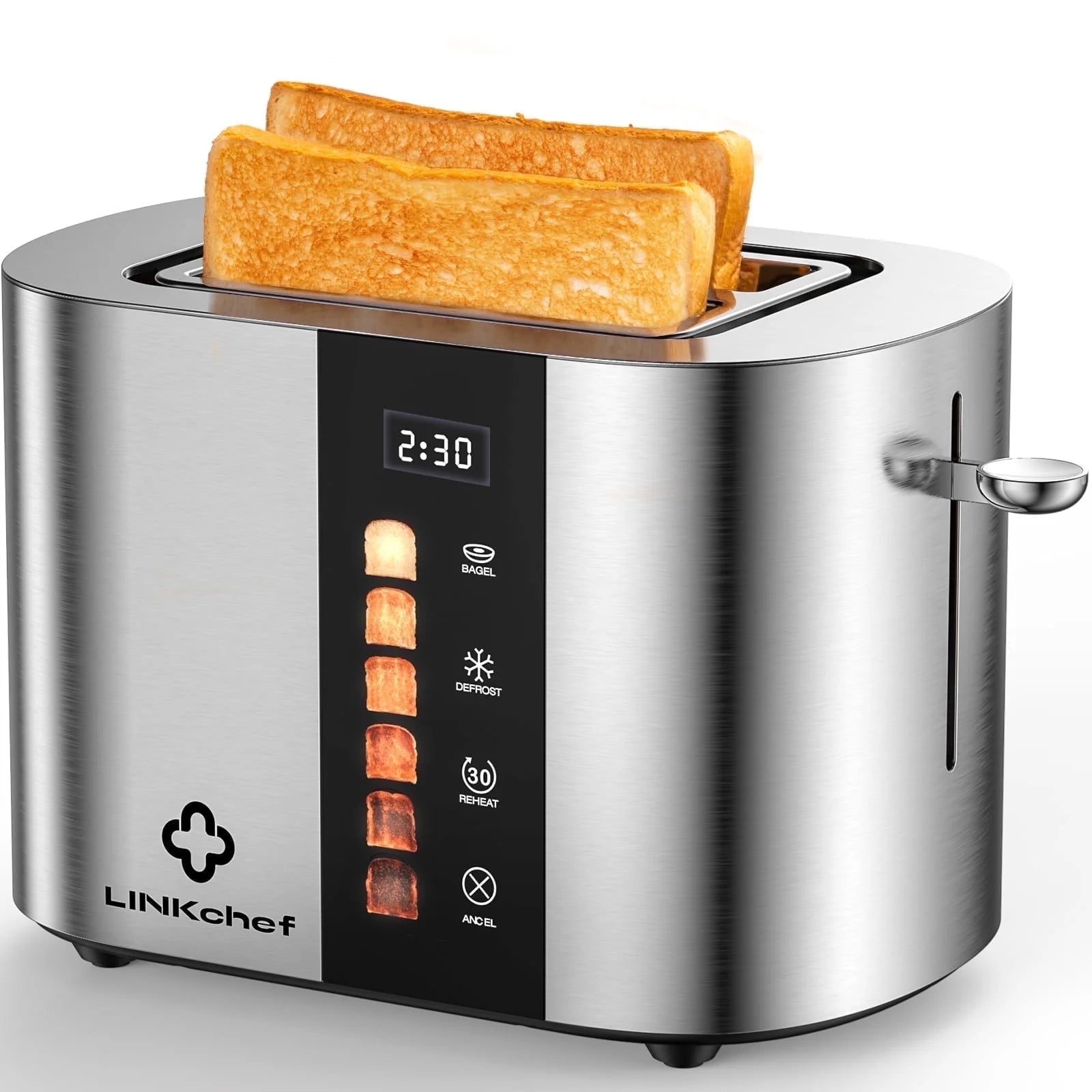 2-Slice Stainless Steel Toaster with Extra-Wide 1.5" Slots and Touch Screen Control – Perfect for Bagels, Defrosting, and Reheating!