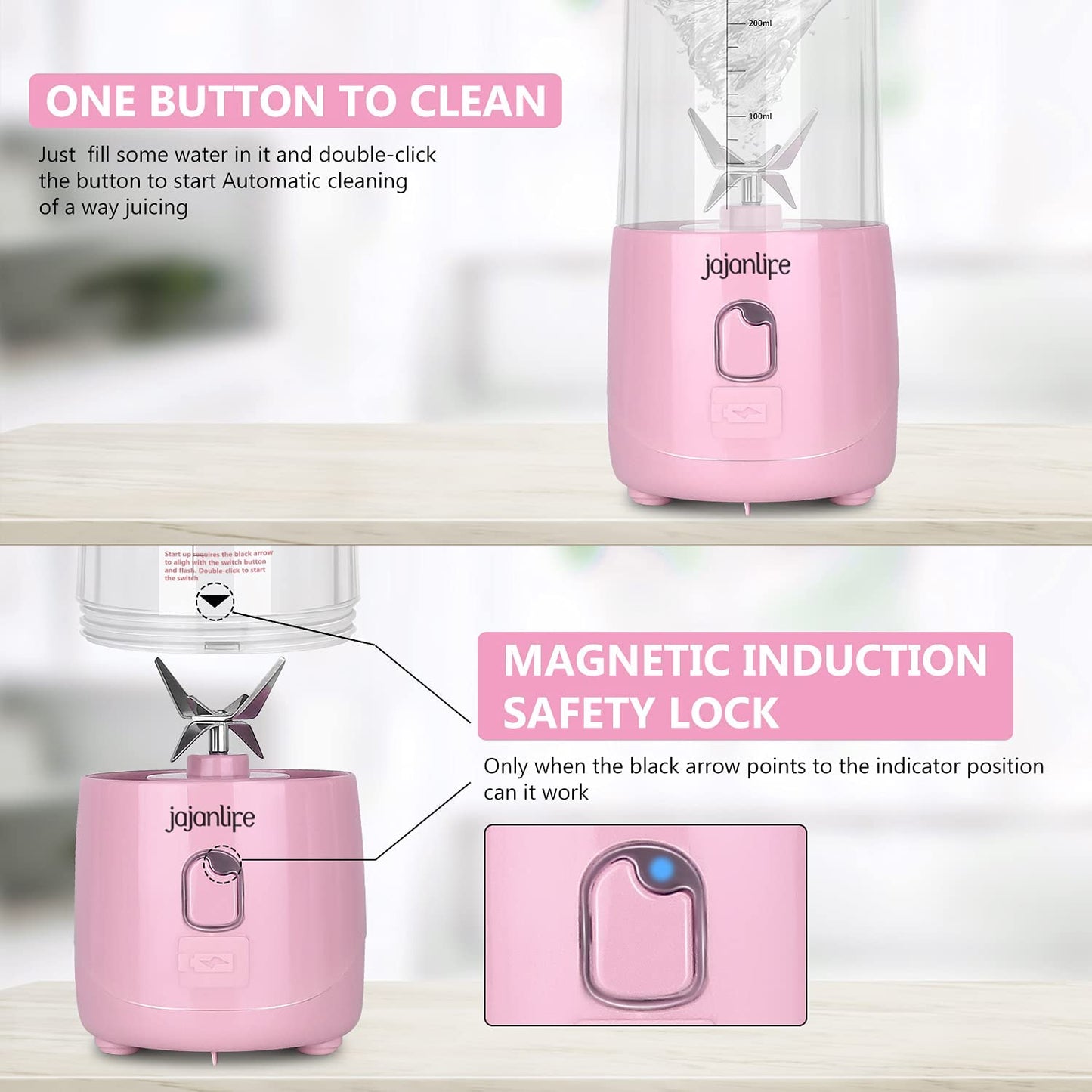 Compact Pink Portable Blender - Rechargeable 4000mAh Mini Travel Smoothie Maker with 3D Six Blades - Perfect for Home, Sports & Outdoor Use (13.5oz)