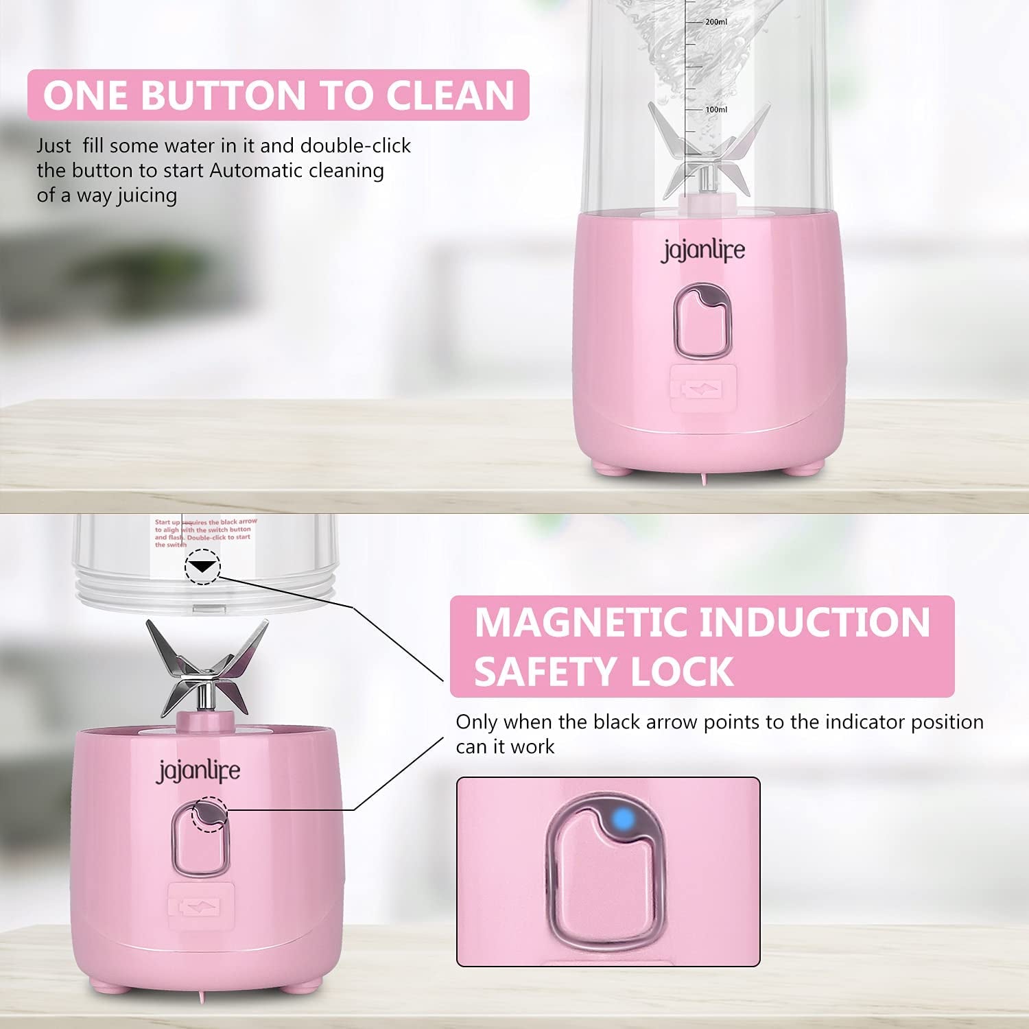 Compact Pink Portable Blender - Rechargeable 4000mAh Mini Travel Smoothie Maker with 3D Six Blades - Perfect for Home, Sports & Outdoor Use (13.5oz)