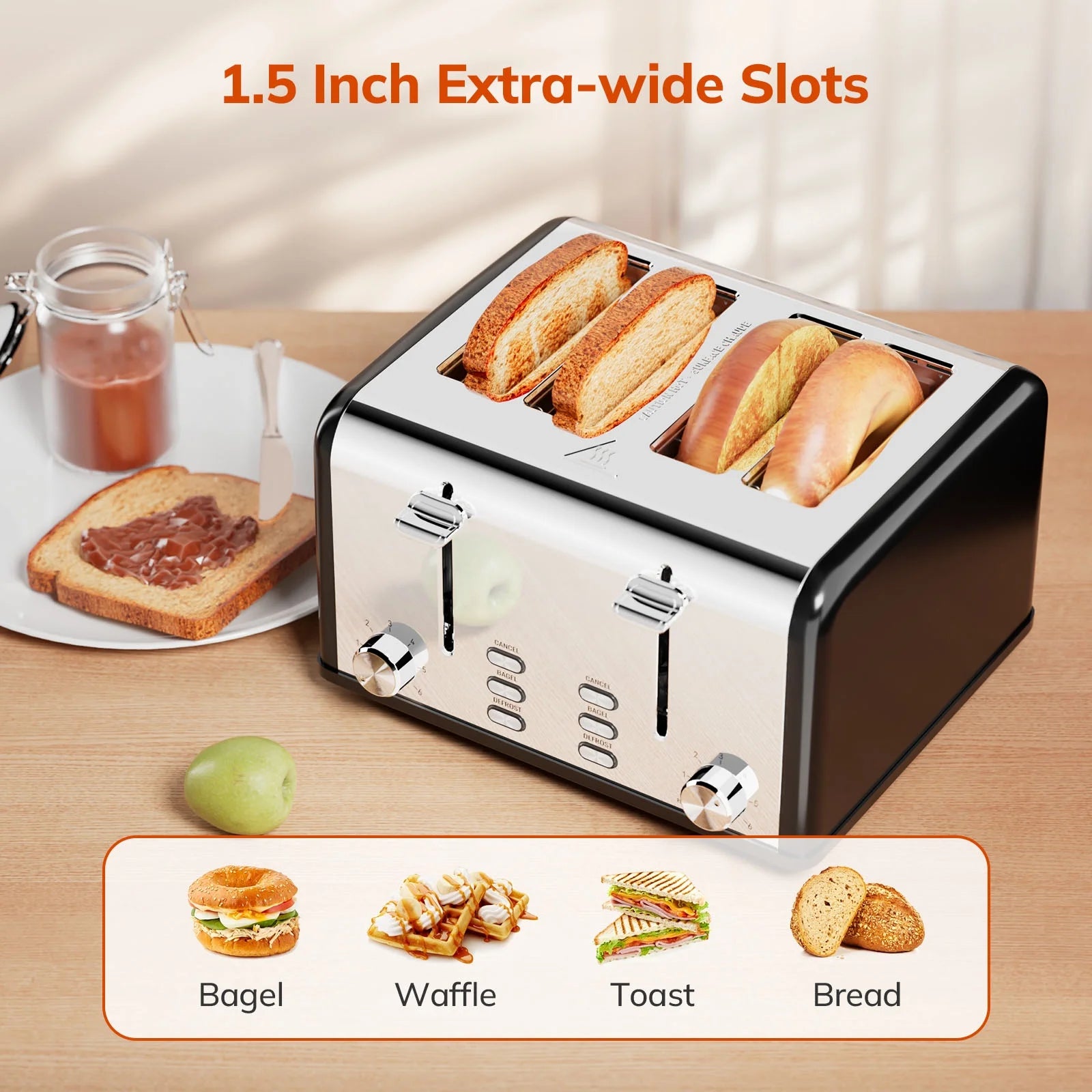 Retro 4-Slice Stainless Steel Toaster with Bagel, Defrost, Reheat, and 6 Shade Settings - Perfect Kitchen Essential!