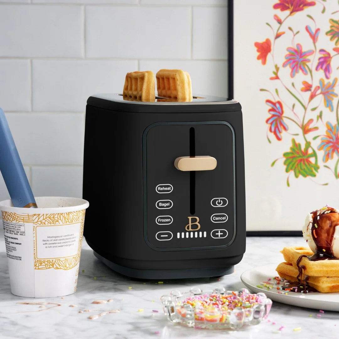 Sleek Black Sesame 2-Slice Toaster with Touch-Activated Display by Drew Barrymore