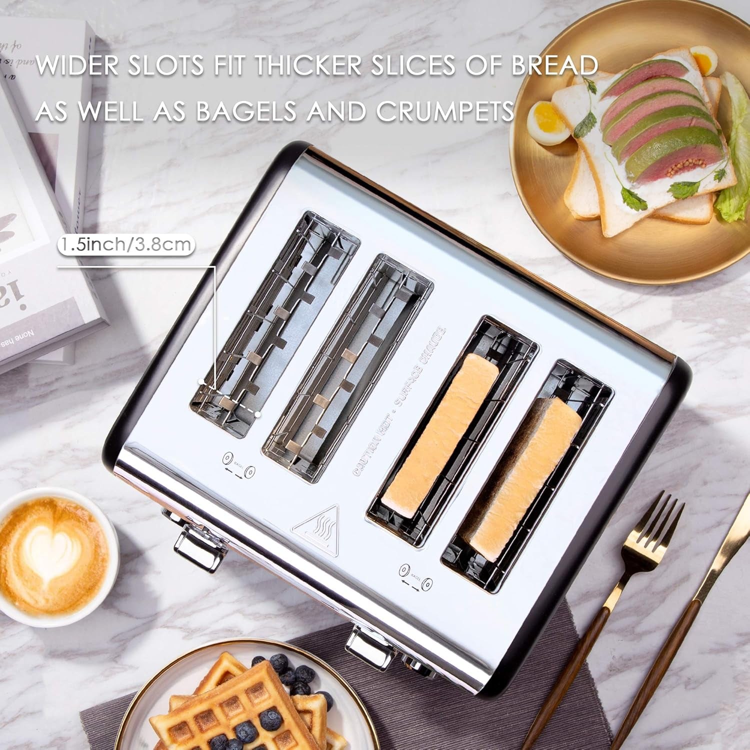 4-Slice Stainless Steel Toaster - Extra Wide Slots, 6 Shade Settings, Bagel & Defrost Functions, 1650W, Sleek Black Design