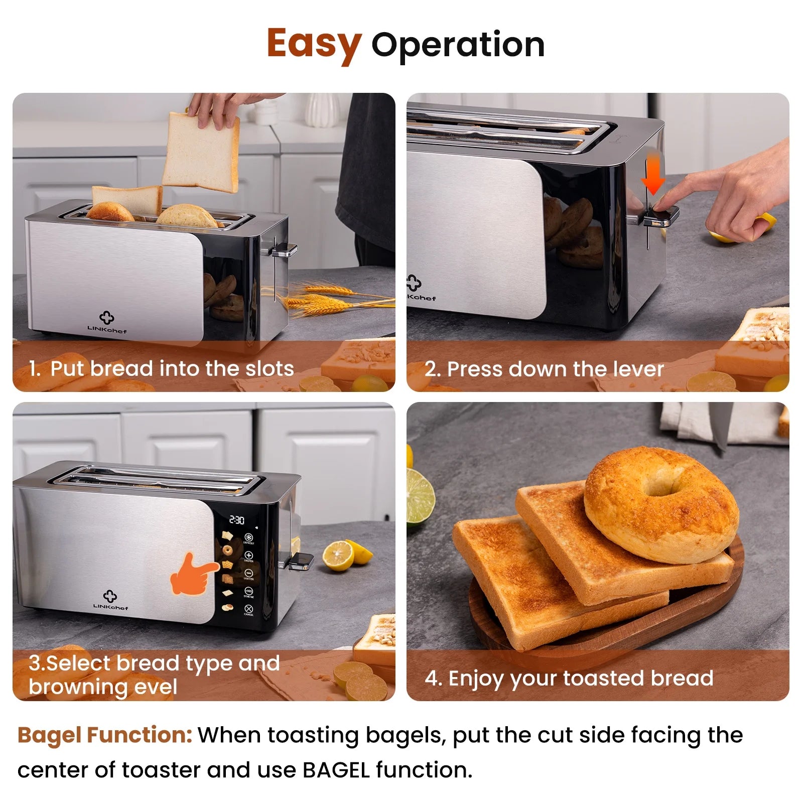 Smart 4-Slice Toaster – Touch Screen Control, Extra-Wide Slots, Stainless Steel with Timer, Defrost & Reheat Functions
